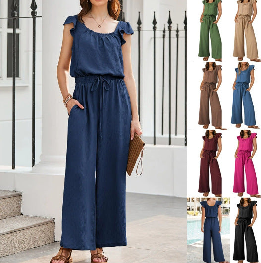 Damen-Crinkle-Jumpsuit mit weitem Bein, elastischem Bund und gerüschten Ärmeln