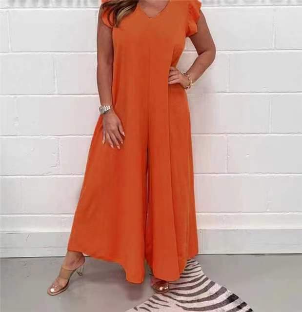 Damen luftiger Jumpsuit mit weit geschnittenem Bein und V-Ausschnitt EB