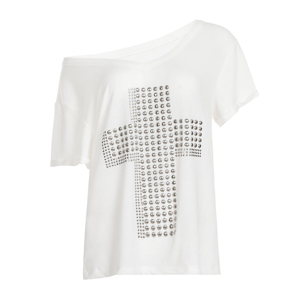 Damen stylisches Oversized T-Shirt mit Kreuz-Print und Glitzerdetails EB