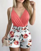 Damen Body mit tiefem V-Ausschnitt und floralem High-Waist Shorts Set EB
