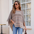 Damen eleganter Poncho mit strukturiertem Design und fransigen Details EB