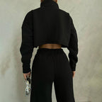 Damen nan kurzes Reißverschluss-Crop-Sweatshirt mit Stehkragen und hochtaillierter Jogginghose Set EB