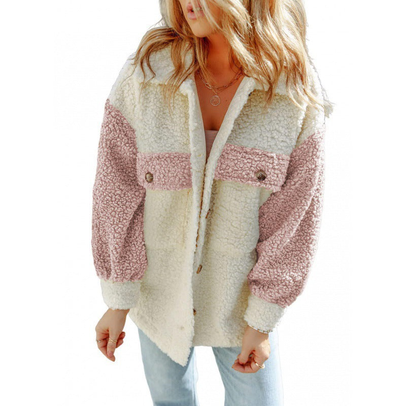 Damen kuschelige Teddyjacke mit praktischen Brusttaschen EB