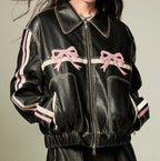 Damen Kunstlederjacke mit Rüschen und elastischem Saum EB