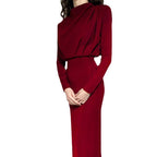 Damen Abendkleid mit elegantem hohen Kragen und drapierten Ärmeln EB