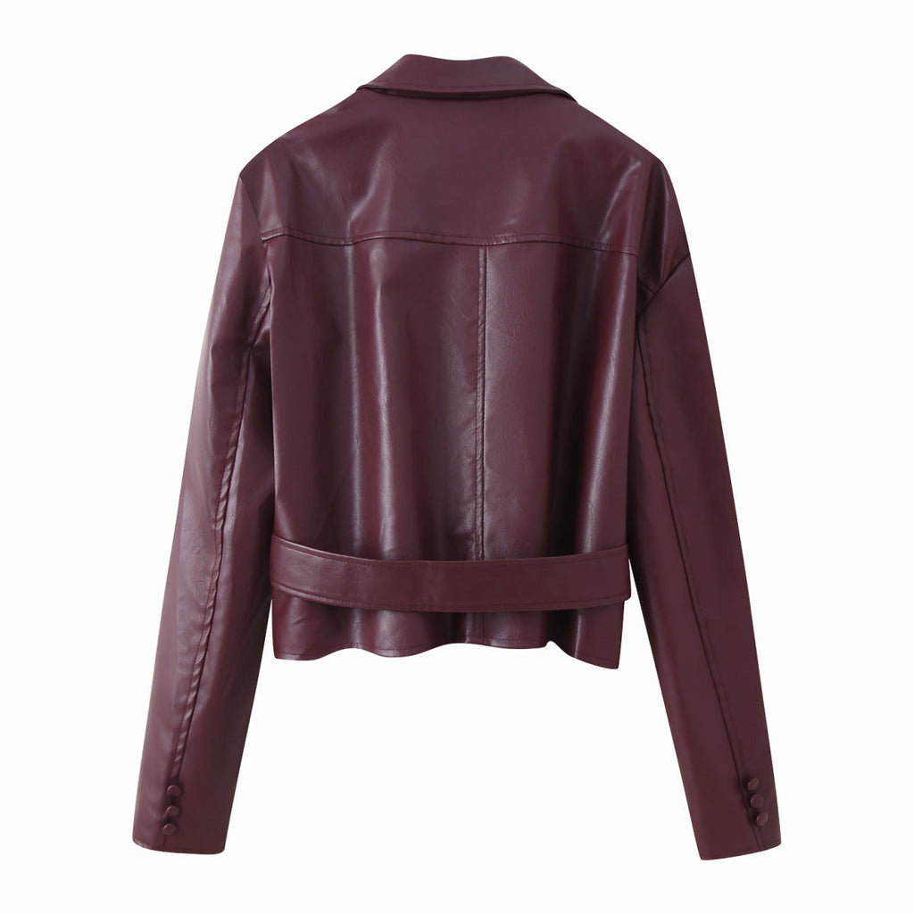 Damen elegante Kunstlederjacke mit tailliertem Schnitt und Bindegürtel EB
