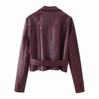 Damen elegante Kunstlederjacke mit tailliertem Schnitt und Bindegürtel EB