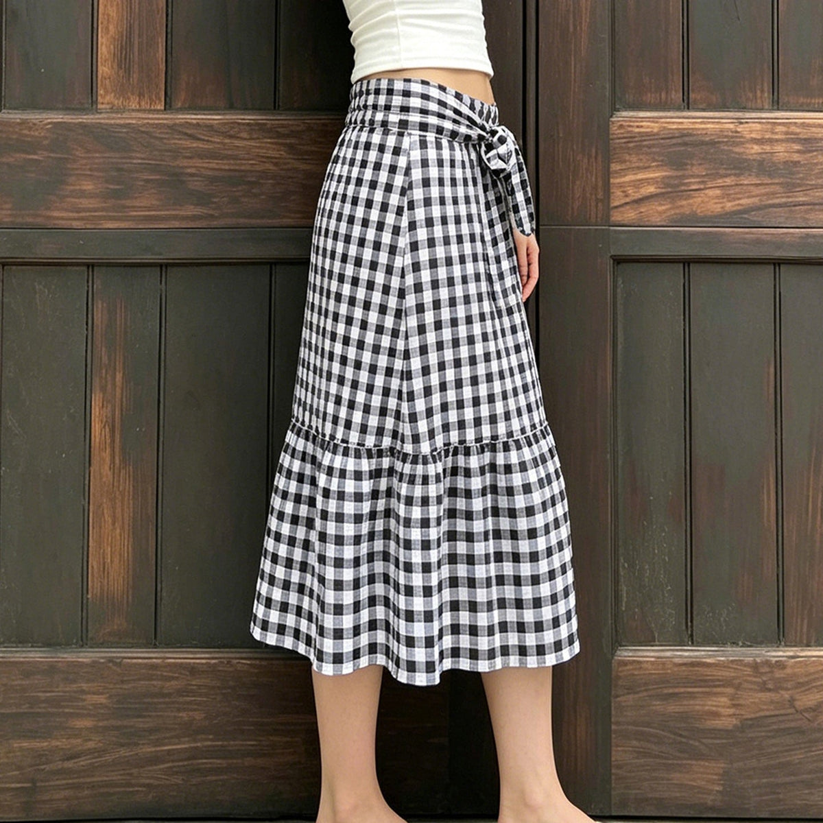 Damen Fließender Viskose-Rock mit taillierter High-Waist und Rüschensaum EB