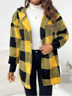 Damen Kuschelige Fleecejacke mit Karomuster und kapuziertem Design EB