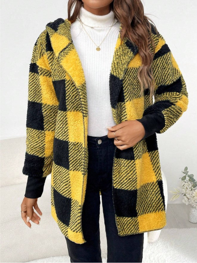 Damen Kuschelige Fleecejacke mit Karomuster und kapuziertem Design EB