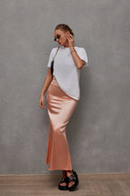 Damen Eleganter Maxirock aus glänzendem Satin mit hohem Schlitz EB
