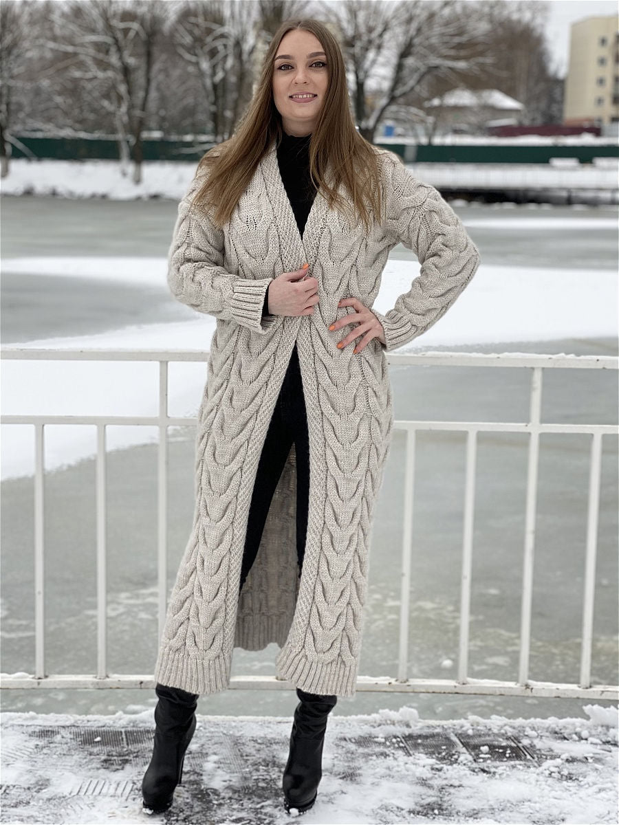 Damen Grobstrickmantel mit offenem Schnitt und praktischen Taschen EB