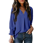 Damen V-Ausschnitt Bluse mit lässigen Ballonärmeln und Rüschendetails EB