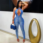 Damen Bodycon Jumpsuit mit tiefem V-Ausschnitt und exklusivem Muster EB