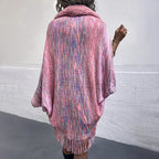 Damen eleganter Poncho mit luxuriösem Kunstfellkragen und fransigem Saum EB