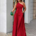 Damen Eleganter Jumpsuit mit asymmetrischem Ausschnitt und Taillengürtel EB