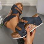 Damen bequeme Wedge-Pantoletten mit dekorativen Riemchen und korkgesunder Sohle EB