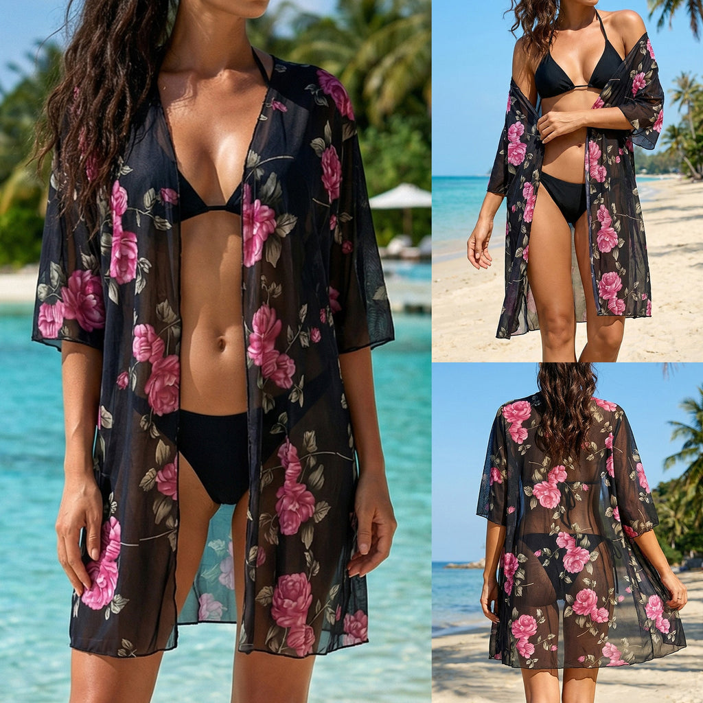 Damen eleganter transparenter Strandüberwurf mit floralem Design EB
