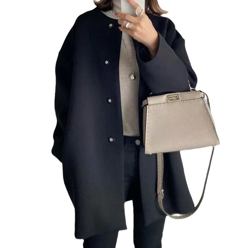 Damen Eleganter Oversized Wollmantel mit Doppelknopf-Verschluss und seitlichen Taschen EB
