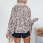 Damen eleganter Strickponcho mit luxuriösem Kunstfellkragen und fransigem Saum EB