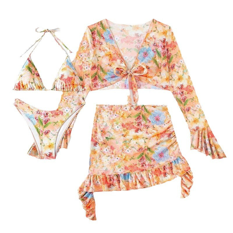 Damen Crop-Top und Wickelrock-Set mit floralen Details EB