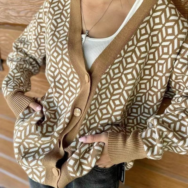 Damen Grober Strickjacke mit V-Ausschnitt und auffälligem Muster EB