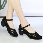 Damen Elegante Ballerinas mit stilvoller Spitzeneinlage und bequemem Blockabsatz EB