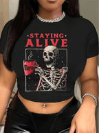 Damen Crop-T-Shirt mit kreativem Skelettdesign und inspirierendem Schriftzug EB