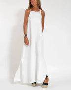 Damen elegantes Maxikleid mit feinen Trägern und schwingendem Saum EB