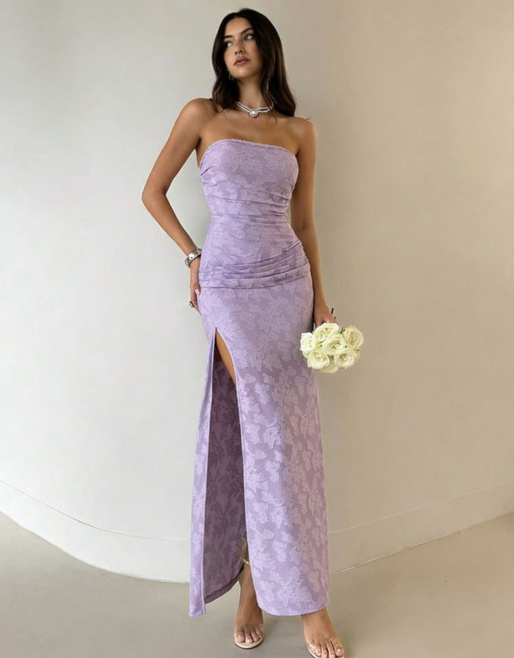 Damen Elegantes Maxikleid mit floralem Design und hoher Teilung EB