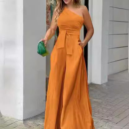 Damen Eleganter Jumpsuit mit asymmetrischem Ausschnitt und Taillengürtel EB