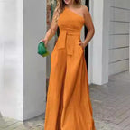 Damen Eleganter Jumpsuit mit asymmetrischem Ausschnitt und Taillengürtel EB
