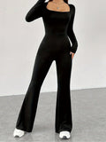 Damen Langarm Jumpsuit mit elegantem Quadrat-Ausschnitt und weitem Bein EB