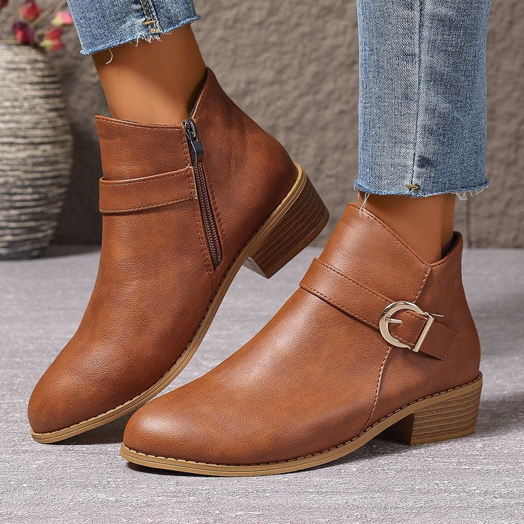 Damen Elegante Ankle Boots mit modischem Reißverschluss und dekorativer Schnalle EB