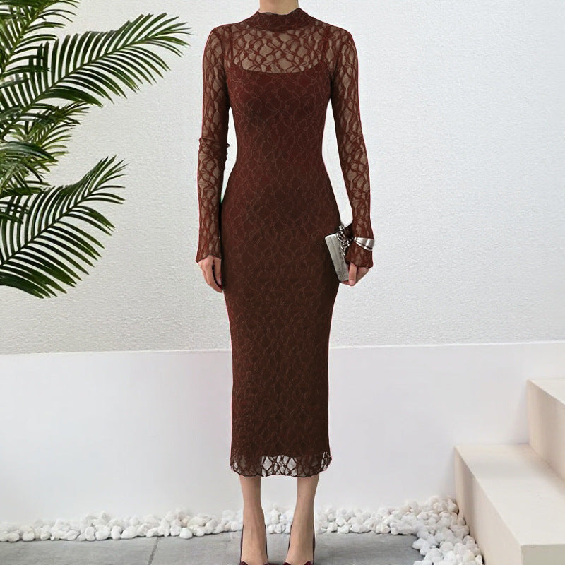 Damen Elegantes Kleid mit transparenten Spitzenärmel EB
