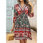 Damen Elegantes Blumenkleid mit V-Ausschnitt und elastischem Bund EB