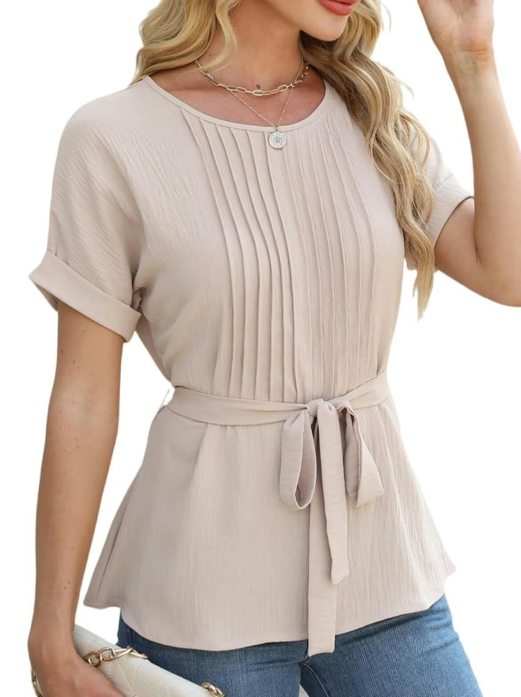 Damen elegante Bluse mit Falten-Design und Taillengürtel EB