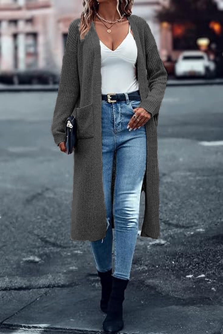 Damen Langer Strickmantel mit strukturiertem Design und praktischen Taschen EB