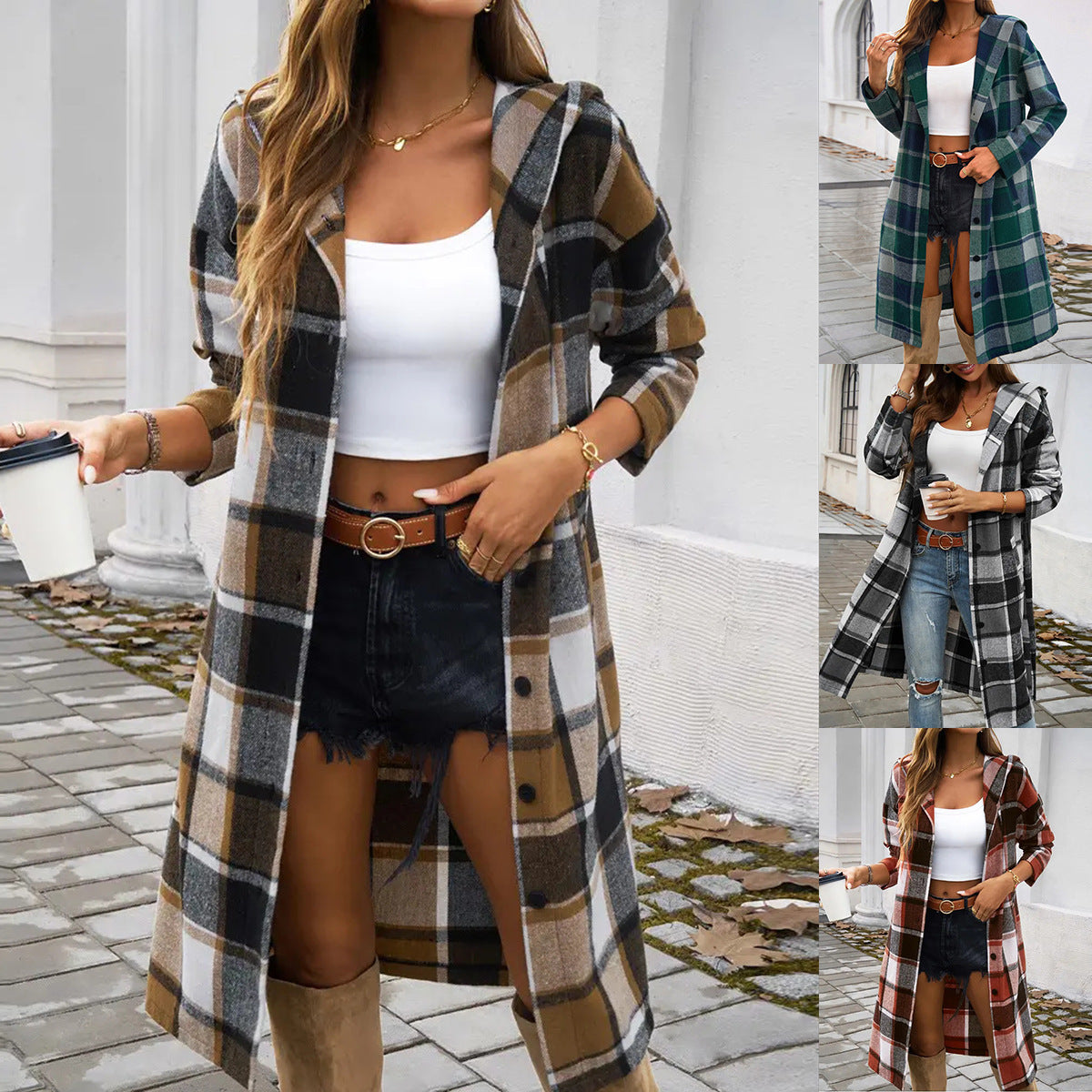 Damen Karierter Mantel mit moderner Schnittführung und praktischem Taschen-Design EB