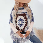 Damen eleganter Strickponcho mit kunstvollem Muster und fransigem Abschluss EB