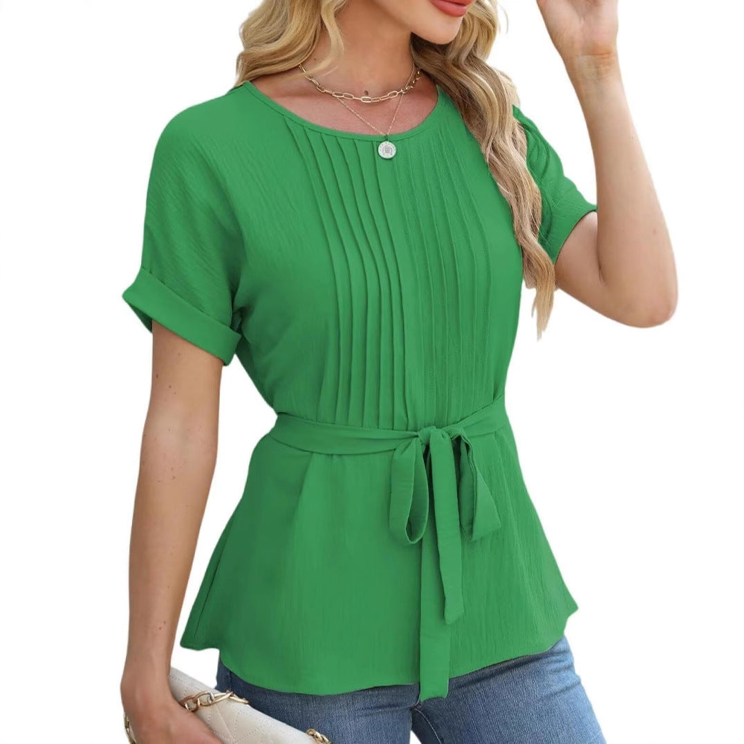 Damen elegante Bluse mit Falten-Design und Taillengürtel EB
