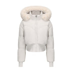 Damen cropped Daunenjacke mit abnehmbarer Kapuze und Kunstfellbesatz