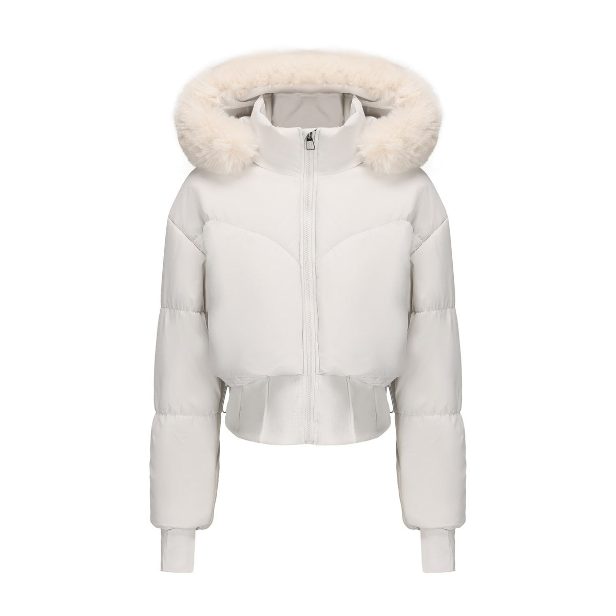 Damen cropped Daunenjacke mit abnehmbarer Kapuze und Kunstfellbesatz