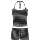 Damen gestreiftes Sportoberteil und Shorts Set EB