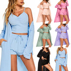 Damen nan dreiteiliges Lounge-Set mit langem Kimono, geripptem Spaghettiträger-Croptop und elastischen Kordel-Shorts EB