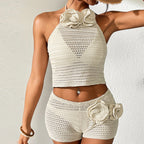 Damen Häkel-Crop-Top und Shorts-Set mit floralen Details EB