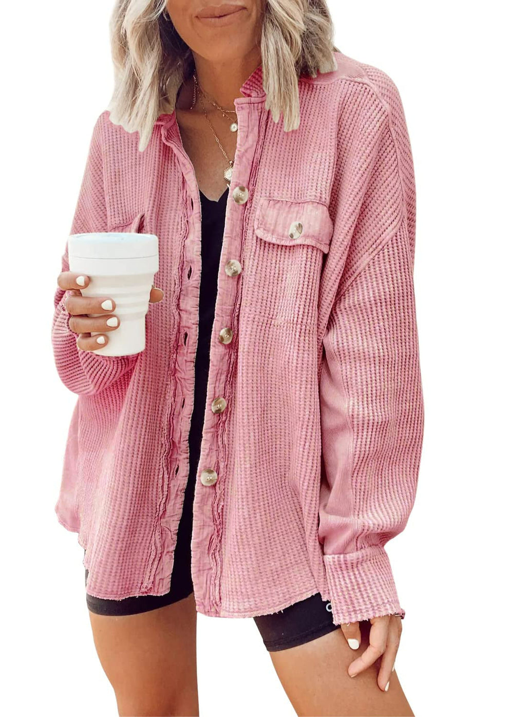 Damen Lässiges Overshirt mit Struktur und Druckknopfverschluss EB