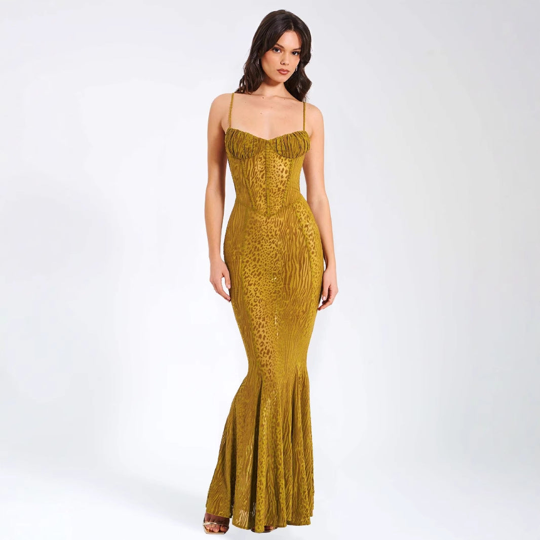 Damen Elegantes Abendkleid aus transparenter Spitze mit Leo-Muster EB