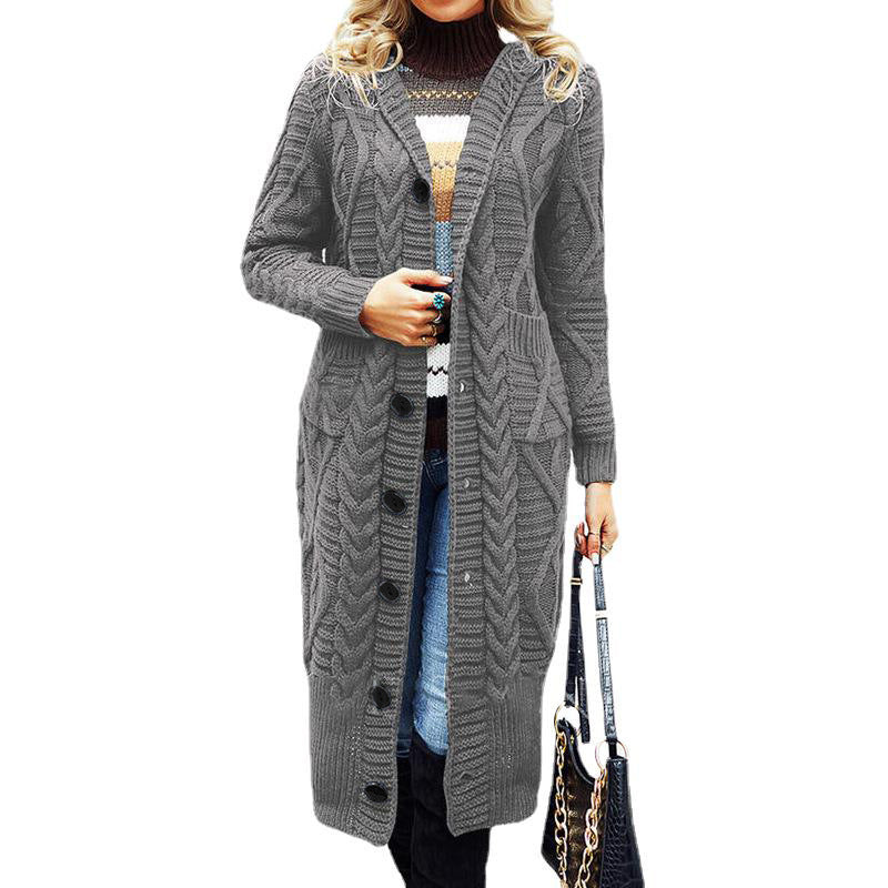 Damen Eleganter Strickmantel mit tiefem V-Ausschnitt und aufwendigem Zopfmuster EB