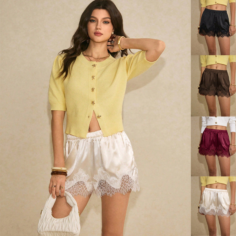 Damen-Satins-Shorts mit Spitzenbesatz und elastischem Bund